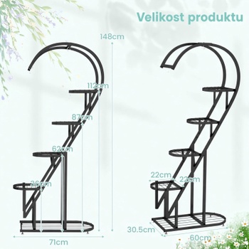 Stojan na kvety v tvare srdca XPEOEA, kovový, 5 poschodí, 148 cm, čierny - A