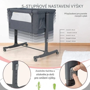 Detská 5stupňová výškovo nastaviteľná postieľka BC10112GR, 3 v 1, tmavo šedá - A