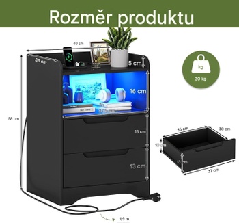 Nočný stolík s LED osvetlením a nabíjacou stanicou DJ503488, 35 x 40 x 58 cm, čierny - A