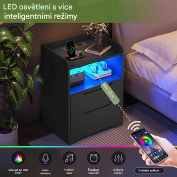 Nočný stolík s LED osvetlením a nabíjacou stanicou DJ503488, 35 x 40 x 58 cm, čierny - A