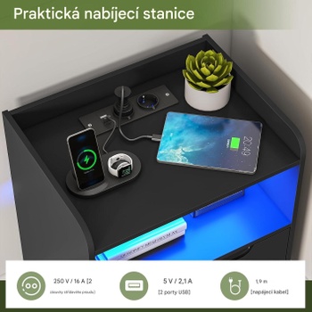 Nočný stolík s LED osvetlením a nabíjacou stanicou DJ503488, 35 x 40 x 58 cm, čierny - A
