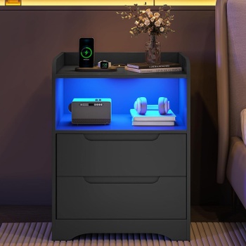 Nočný stolík s LED osvetlením a nabíjacou stanicou DJ503488, 35 x 40 x 58 cm, čierny - A
