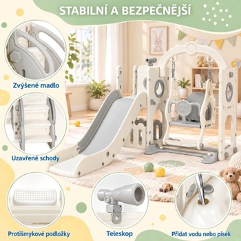 Detská šmykľavka 5 v 1 s hojdačkou YL-18, 143 x 147 x 113 cm, bielo/šedá - A