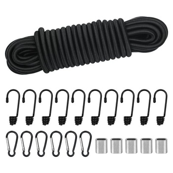 10 m bezpečného, ​​elastického lana, 8 mm, elastické laná a upevňovacie prvky, 10 elastických háčikov,