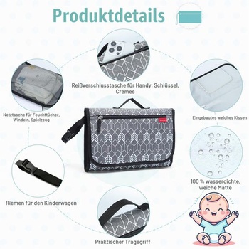 Přenosná přebalovací podložka Lekebaby, cestovní přebalovací podložka pro miminka, šedá, šípová