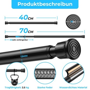 2dílná záclonová tyč, bez nutnosti vrtání, černá, 40-70 cm, Ø13 mm, napínací tyč 40-70 cm (2 kusy),