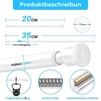 Sada 2dílných záclonových tyčí, bez nutnosti vrtání, bílá, 20–33 cm, Ø13 mm, napínací tyč 20–33 cm