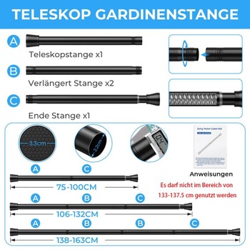 1 kus tyče na záclony bez vrtání 75-165 cm teleskopická tyč černá 75-163 cm (1 kus) černá