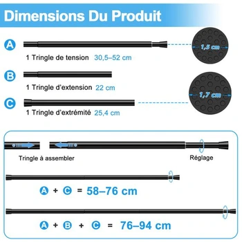 Tyč na záclony, bez nutnosti vrtání, nastavitelná od 58 do 100 cm, černá, výsuvná, průměr 13 mm,