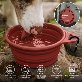 Skladacia miska pre psov OHMO, prenosná, krúžok z nerezovej ocele, 2 x 350 ml, koral a čerešňovo