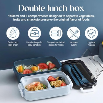 Olovrantový box s 3 priehradkami, 1400 ml, bento box, vhodný do mikrovlnnej rúry a umývačky riadu,
