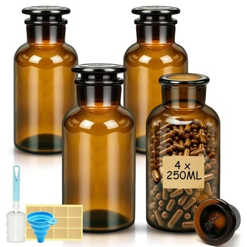 4 lekárenské fľaše, sklenené fľaše s objemom 250 ml so zabrúsenými zátkami