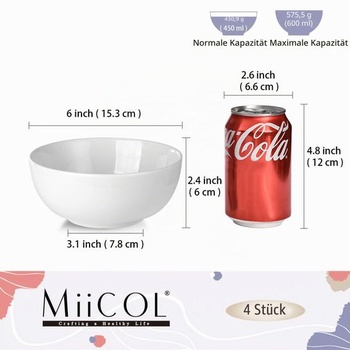 Keramické misky na cereálie Miicol, sada 4 kusov, 600 ml, biela miska na polievku, 15 cm