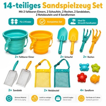 Dětská sada pískoviště se 2 skládacími kbelíky, lopatkou, hráběmi, sítem na písek a síťkou, 14dílná