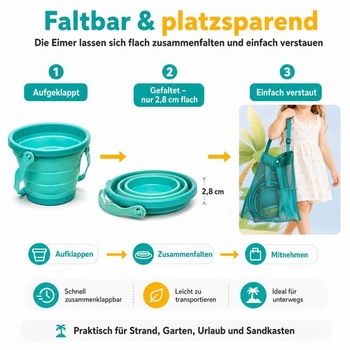 Detská sada pieskoviska s 2 skladacími vedierkami, lopatkou, hrabľami, sitom na piesok a sieťkou, 14dielna