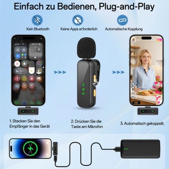Mini mikrofón pre mobilné telefóny s ukazovateľom batérie, bezdrôtový klopový mikrofón, čierny