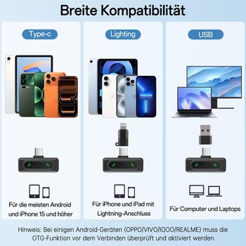 Mini mikrofón pre mobilné telefóny s ukazovateľom batérie, bezdrôtový klopový mikrofón, čierny