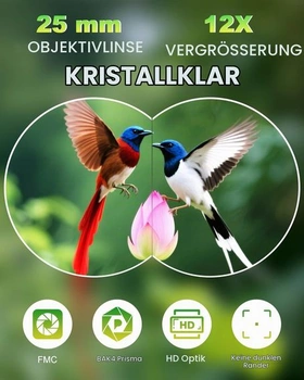 Kompaktní dalekohled 12x25 pro dospělé a děti, malý dalekohled s optikou BaK4, mini dalekohled na