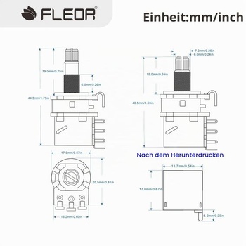 FLEOR A500K+B500K Sada potenciometrov, push-pull regulátor, krátka delená vrúbkovaná hriadeľ, 15 mm,