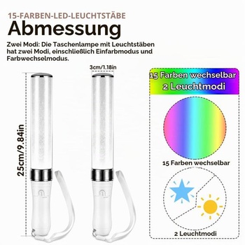 2 LED svetelné tyčinky, 15 farieb, svietiaca tyčinka pre večierky a koncerty