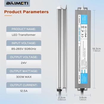 LED transformátor 24V 300W, BRIMETI vodotesný IP67 LED napájací zdroj 12,5A so zástrčkou, spínaný