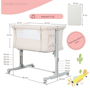 5stupňová výškovo nastaviteľná detská postieľka BC10112BE, 3 v 1, sklon 10 °, nosnosť 9 kg, béžová - B