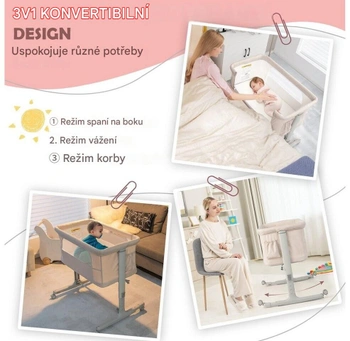5stupňová výškovo nastaviteľná detská postieľka BC10112BE, 3 v 1, sklon 10 °, nosnosť 9 kg, béžová - B
