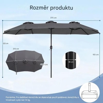 Dvojitý slnečník s ručnou kľukou NP13303GR, 400 x 215 cm, sivý - B