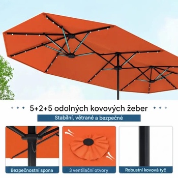 Dvojitý záhradný slnečník s podstavcom NP13436DE-OR, LED osvetlenie, UPF 50+, oranžový - B