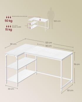 Rohový kancelársky stôl v tvare L LWD136WF01, 120 x 80 cm, biely - B