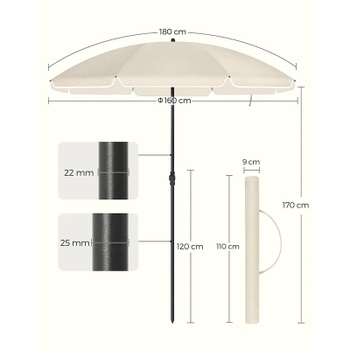 Záhradný slnečník GPU60WTV1, 160 cm, UPF 50+, naklápanie o 30 ° v 2 smeroch, béžový - B