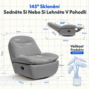 Relaxačné kreslo s funkciou polohovania XC6-G-Oval, otočné o 360 °, nastaviteľná opierka chrbta a podnožka,