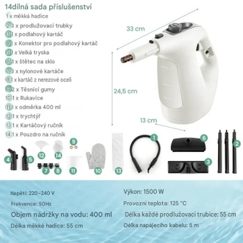 Ručný parný čistič ES10287DE-GR, so 14 príslušenstvom, 400ml, 1500W, šedý - B