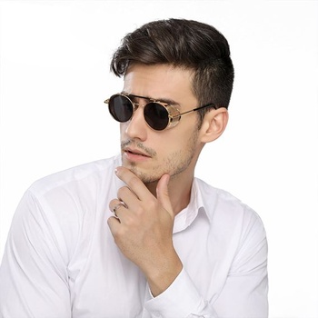 Retro okrúhle steampunk slnečné okuliare so strieborným rámom a čiernymi sklami