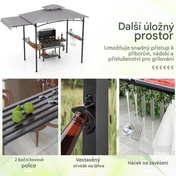 Grilovací pavilón s bočnou markízou NP11863GR, dvojitou strechou, bočnými policami a háčikmi, šedý - B