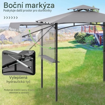 Grilovací pavilón s bočnou markízou NP11863GR, dvojitou strechou, bočnými policami a háčikmi, šedý - B