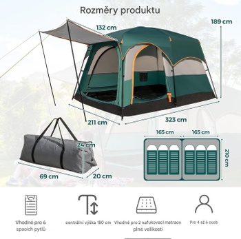 Kempingový stan pre 4 až 6 osôb OQ22477FR, s dvojitou strechou, sieťovanými oknami, vodotesný, zelený -