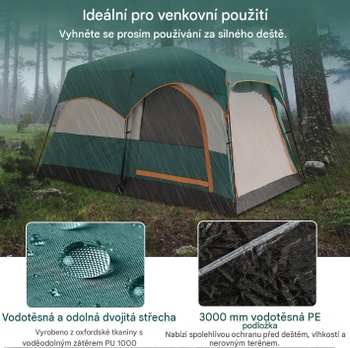 Kempingový stan pre 4 až 6 osôb OQ22477FR, s dvojitou strechou, sieťovanými oknami, vodotesný, zelený -