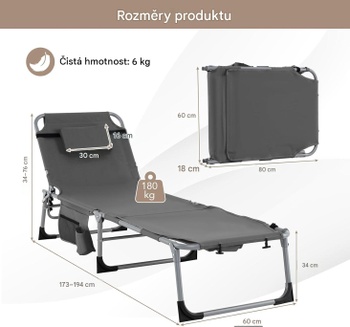 Skladacie ležadlo s otvormi pre tvár a ruky QS44591JUDE, nastaviteľné v 5 polohách, nosnosť 180 kg,