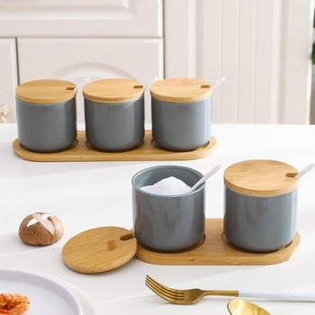 Keramické kořenky 260ml/9 oz, slánka, keramická cukřenka, kořenky s lžičkou a bambusovým víčkem na