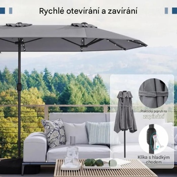 Dvojitý záhradný slnečník s podstavcom NP13436DE-HS, LED osvetlenie, UPF 50+, sivý - B