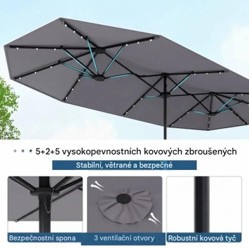 Dvojitý záhradný slnečník s podstavcom NP13436DE-HS, LED osvetlenie, UPF 50+, sivý - B