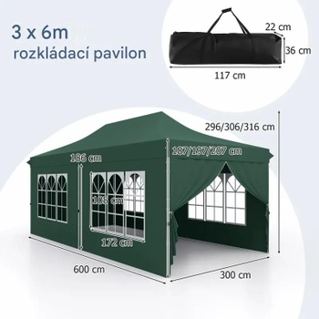 Skladací altánok s odnímateľnými bočnicami NP12123GN, 3 x 6 m, zelený - B