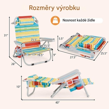 Skladacia plážová stolička s úložným vakom, 5 polôh nastavenia, oxfordská tkanina, viacfarebná - A