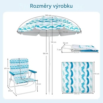 Sada 2 plážových kresiel so slnečníkom a plážovou dekou 15706648081, s prepravnou taškou, bielo/modrá