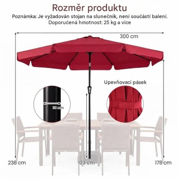 Záhradný slnečník NP13449WN, 8 rebier, 300 cm, ovládanie kľukou, vínový - B