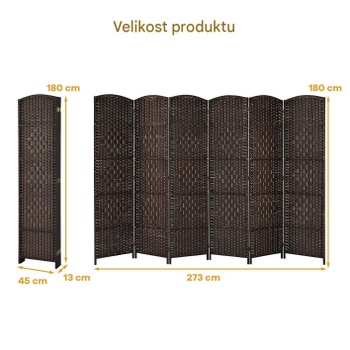 Skladacia zástena na ochranu súkromia s rámom z masívneho dreva S0NGJ0CKS8U, 270,5 x 180 cm, hnedá -