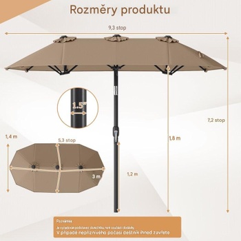 Dvojitý slnečník s kľukou a 12 rebrami 47081641, 300 x 160 cm, béžový - B