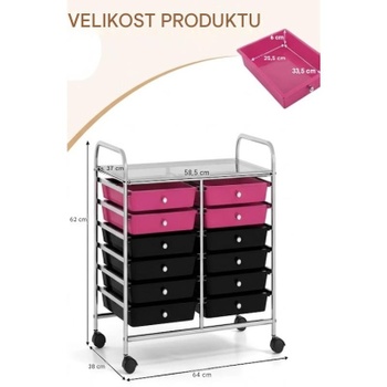 Vozík s 12 stohovateľnými zásuvkami JV12580, čierno/ružový - B