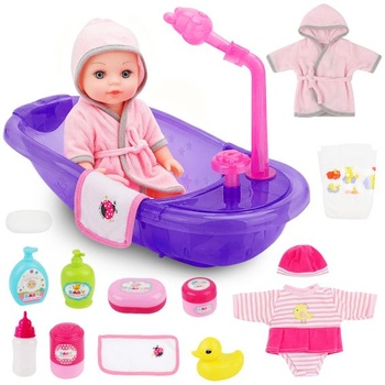 Súprava pre bábiky deAO s vaničkou a doplnky pre bábiky 30 cm a bábätko fialová